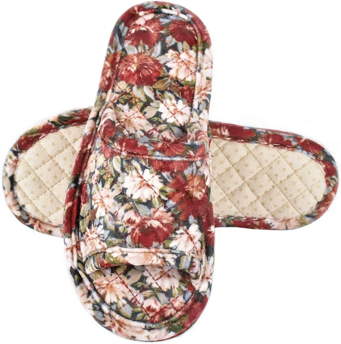 Floral Velvet House Slippers for Women, Lightweight Open Toe Washable Portable Foldable Comfortable Guest Hotel Travel Airplane Spa Slippers