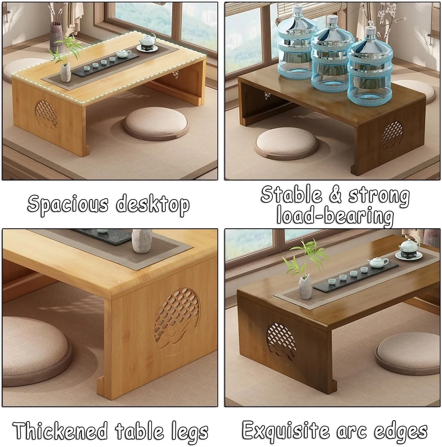 Foldable Bamboo Tea Table for Meditation & Home Decoration, Japanese Style Low Portable Coffee Living Room Dining Room, Large Walnut, Multi-Functional(Medium)