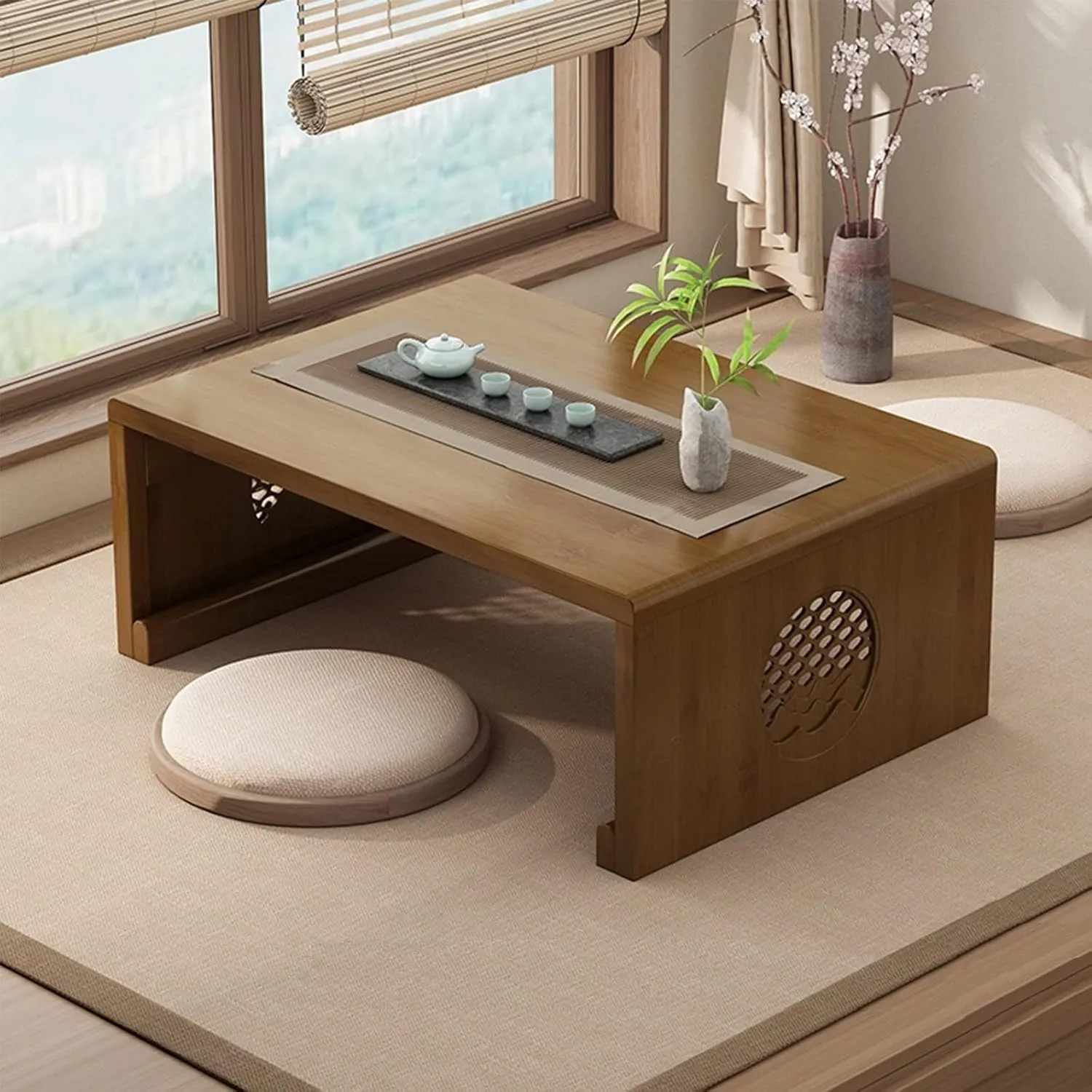 Foldable Bamboo Tea Table for Meditation & Home Decoration, Japanese Style Low Portable Coffee Living Room Dining Room, Large Walnut, Multi-Functional(Medium)
