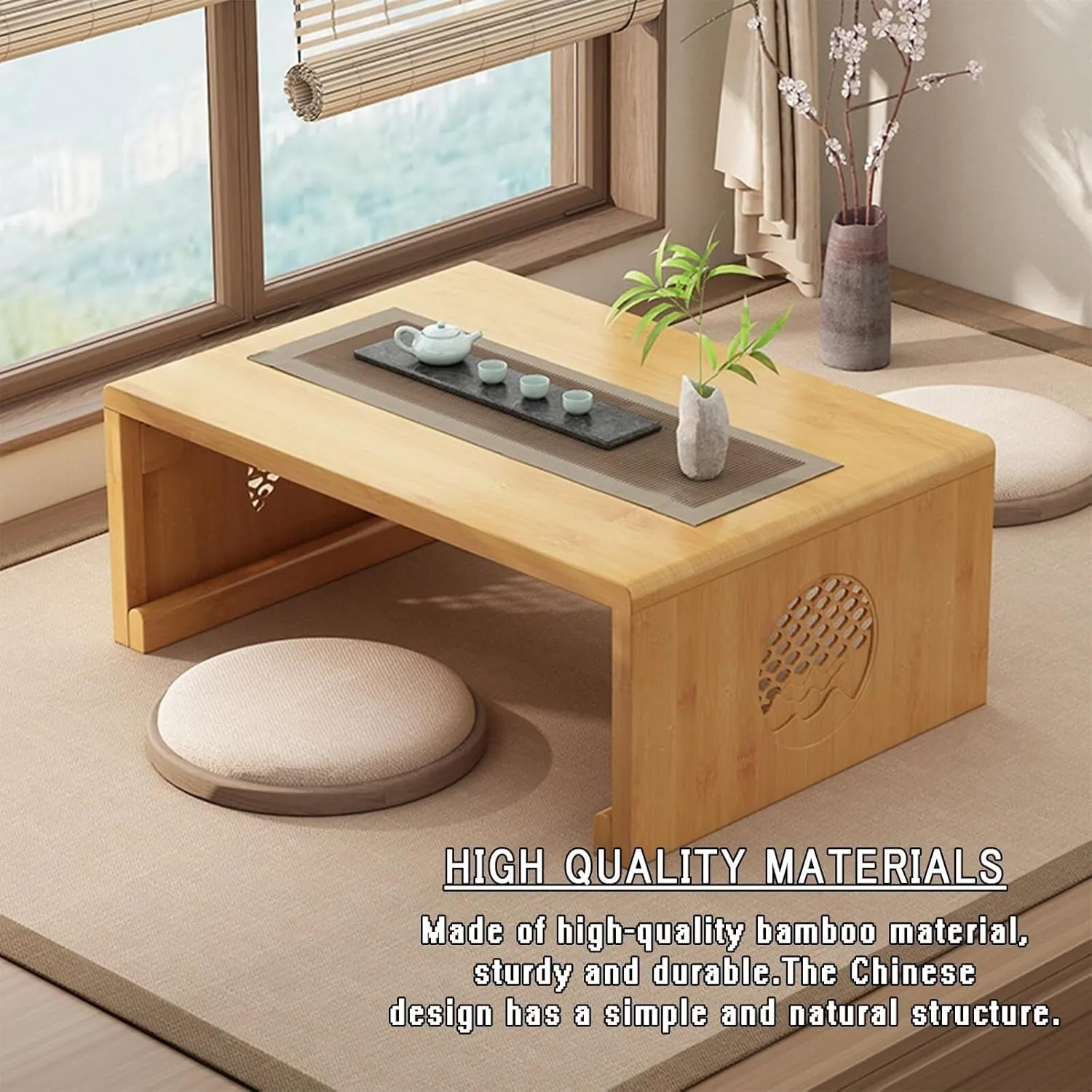 Foldable Bamboo Tea Table for Meditation & Home Decoration, Japanese Style Low Portable Coffee Living Room Dining Room, Large Walnut, Multi-Functional(Medium)