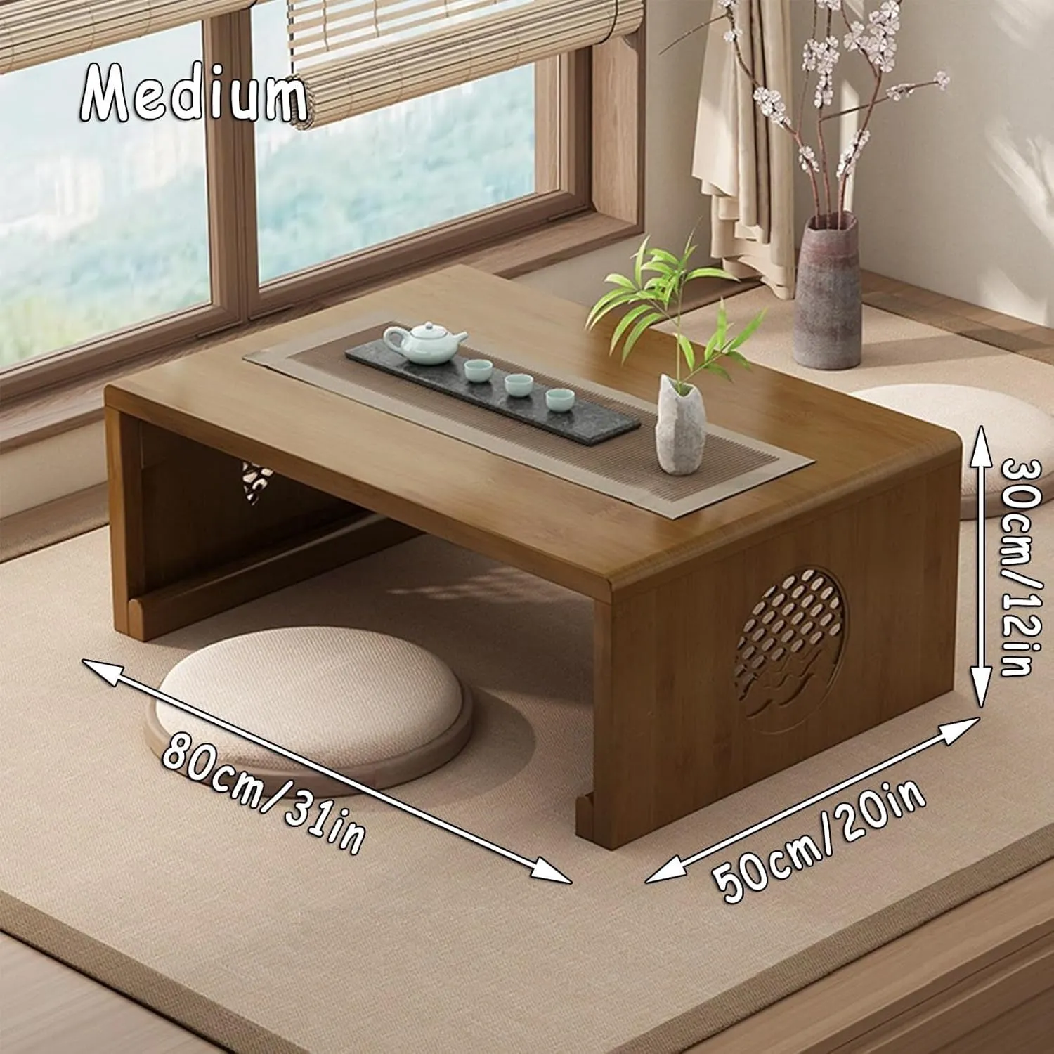 Foldable Bamboo Tea Table for Meditation & Home Decoration, Japanese Style Low Portable Coffee Living Room Dining Room, Large Walnut, Multi-Functional(Medium)