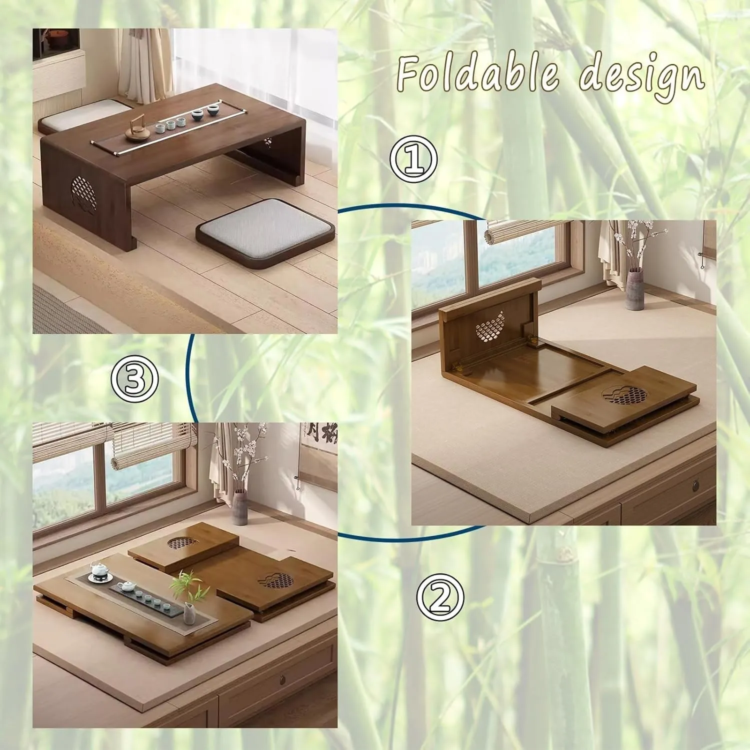 Foldable Bamboo Tea Table for Meditation & Home Decoration, Japanese Style Low Portable Coffee Living Room Dining Room, Large Walnut, Multi-Functional(Medium)