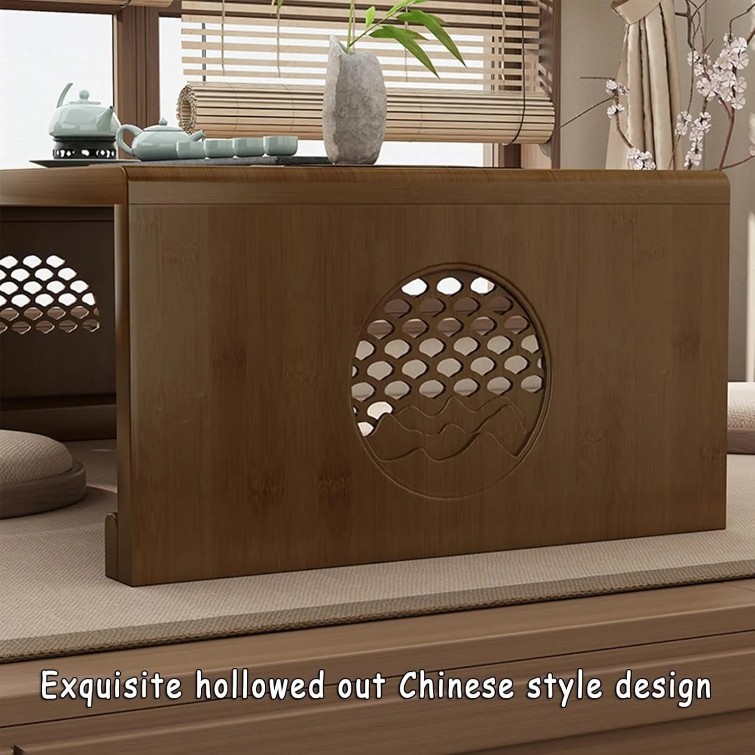 Foldable Bamboo Tea Table for Meditation & Home Decoration, Japanese Style Low Portable Coffee Living Room Dining Room, Large Walnut, Multi-Functional(Medium)