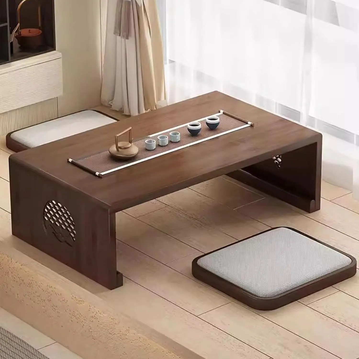 Foldable Bamboo Tea Table for Meditation & Home Decoration, Japanese Style Low Portable Coffee Living Room Dining Room, Large Walnut, Multi-Functional(Medium)