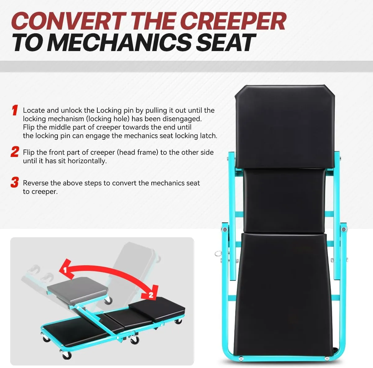 Foldable Creeper, 2-in-1 Rolling Garage Z Creeper Car & Seat, 36" Roller Mechanics Under Car Chair, 330 LBS Weight Capacity Heavy Duty, Ocean Blue