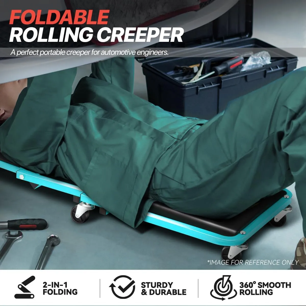 Foldable Creeper, 2-in-1 Rolling Garage Z Creeper Car & Seat, 36" Roller Mechanics Under Car Chair, 330 LBS Weight Capacity Heavy Duty, Ocean Blue