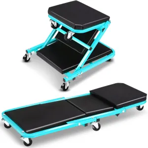 Foldable Creeper, 2-in-1 Rolling Garage Z Creeper Car & Seat, 36" Roller Mechanics Under Car Chair, 330 LBS Weight Capacity Heavy Duty, Ocean Blue