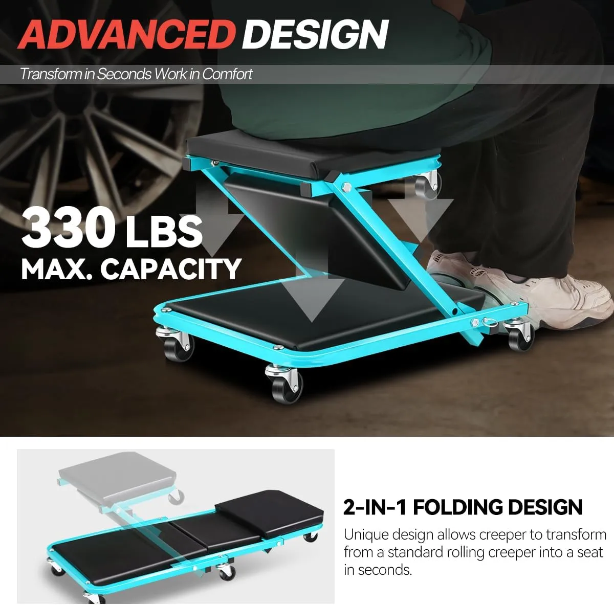 Foldable Creeper, 2-in-1 Rolling Garage Z Creeper Car & Seat, 36" Roller Mechanics Under Car Chair, 330 LBS Weight Capacity Heavy Duty, Ocean Blue