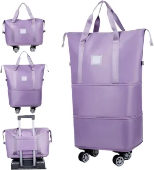 Foldable Duffle Bag with Wheels,Rolling Duffle Bag with Wheels and Handle, Expandable Foldable Luggage Bag,Purple