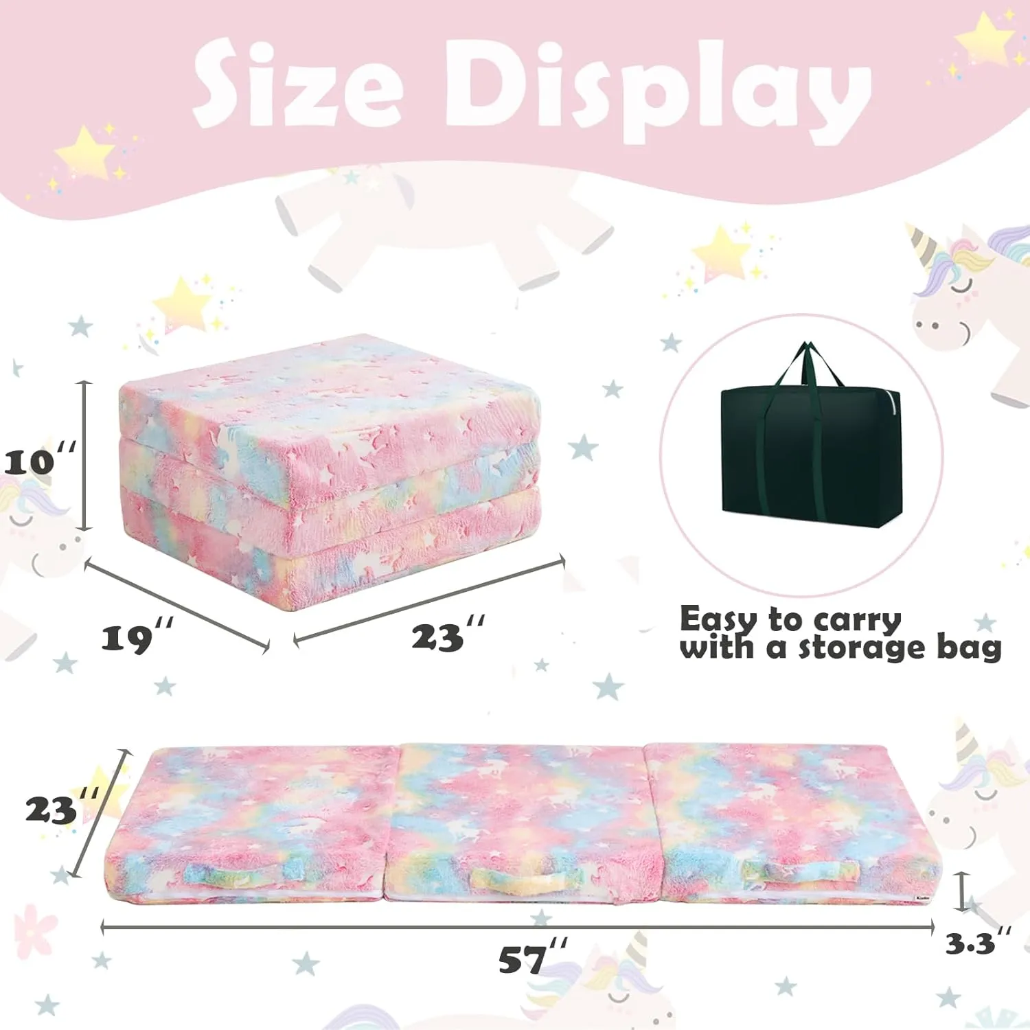 Foldable Floor Mattress for Kids,Folding Toddler Floor Nap Mat for Sleeping Daycare,Trifold Foam Mattress Floor Bed,Child Trifold Futon Sofa with Storage Bag,57''x23''(Glow Pink)
