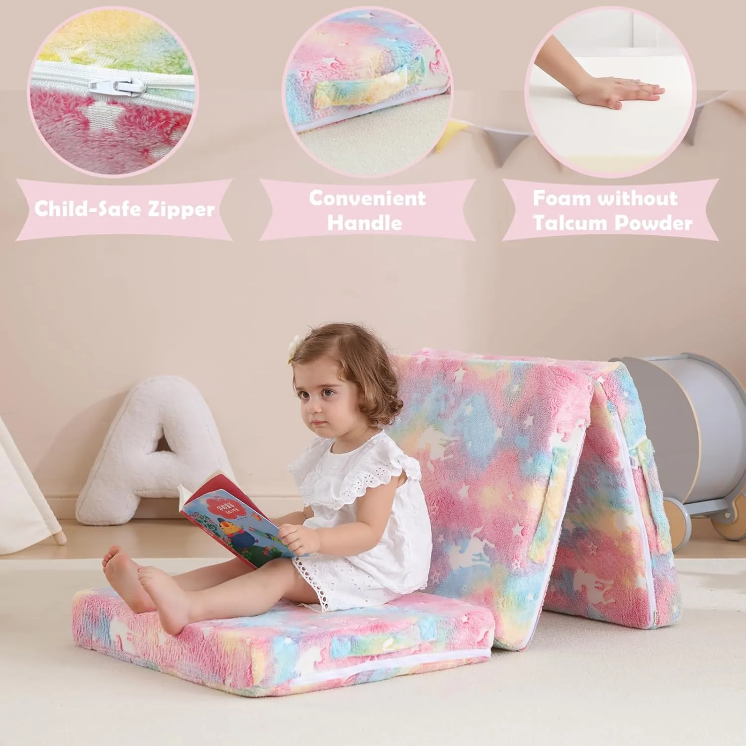 Foldable Floor Mattress for Kids,Folding Toddler Floor Nap Mat for Sleeping Daycare,Trifold Foam Mattress Floor Bed,Child Trifold Futon Sofa with Storage Bag,57''x23''(Glow Pink)
