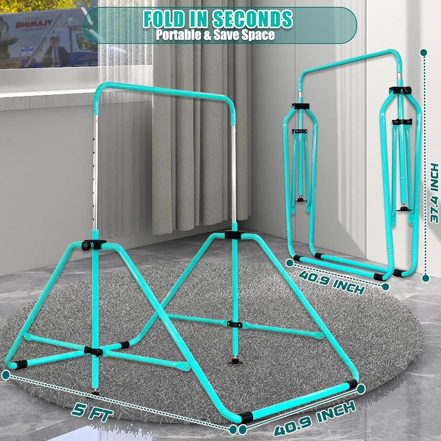 Foldable Gymnastic Bar for Kids Ages 3-9, 9 Height Levels, 200 lbs Weight Capacity, 5 Ft Length Gymnastic Kip Bar with Mat, Gymnastic Equipment for Home and Gym Center Indoor Outdoor Use