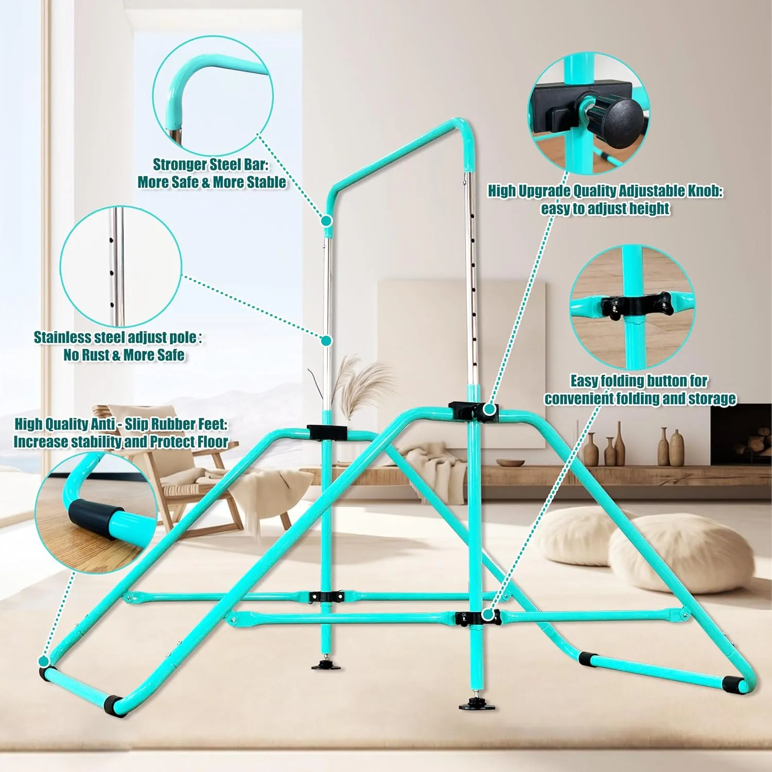 Foldable Gymnastic Bar for Kids Ages 3-9, 9 Height Levels, 200 lbs Weight Capacity, 5 Ft Length Gymnastic Kip Bar with Mat, Gymnastic Equipment for Home and Gym Center Indoor Outdoor Use
