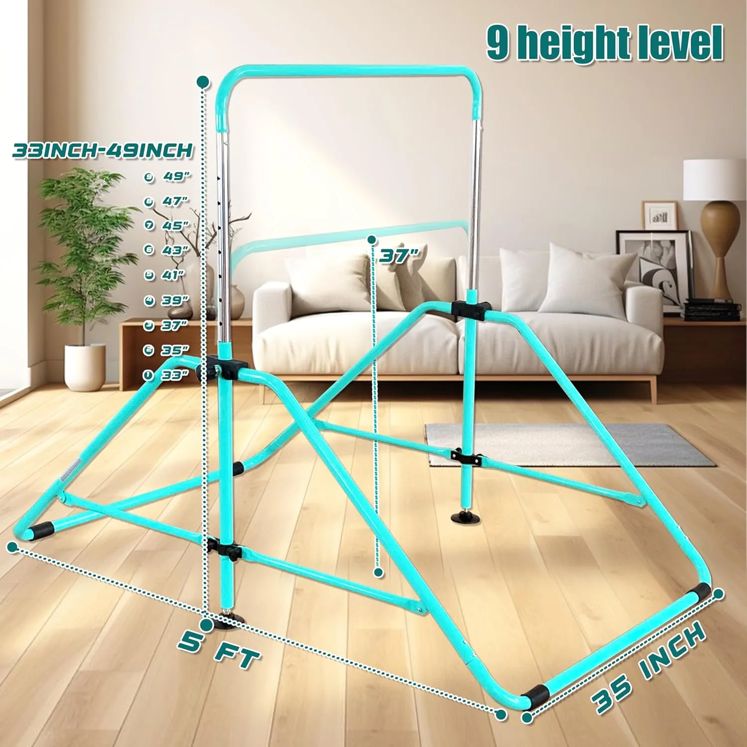 Foldable Gymnastic Bar for Kids Ages 3-9, 9 Height Levels, 200 lbs Weight Capacity, 5 Ft Length Gymnastic Kip Bar with Mat, Gymnastic Equipment for Home and Gym Center Indoor Outdoor Use