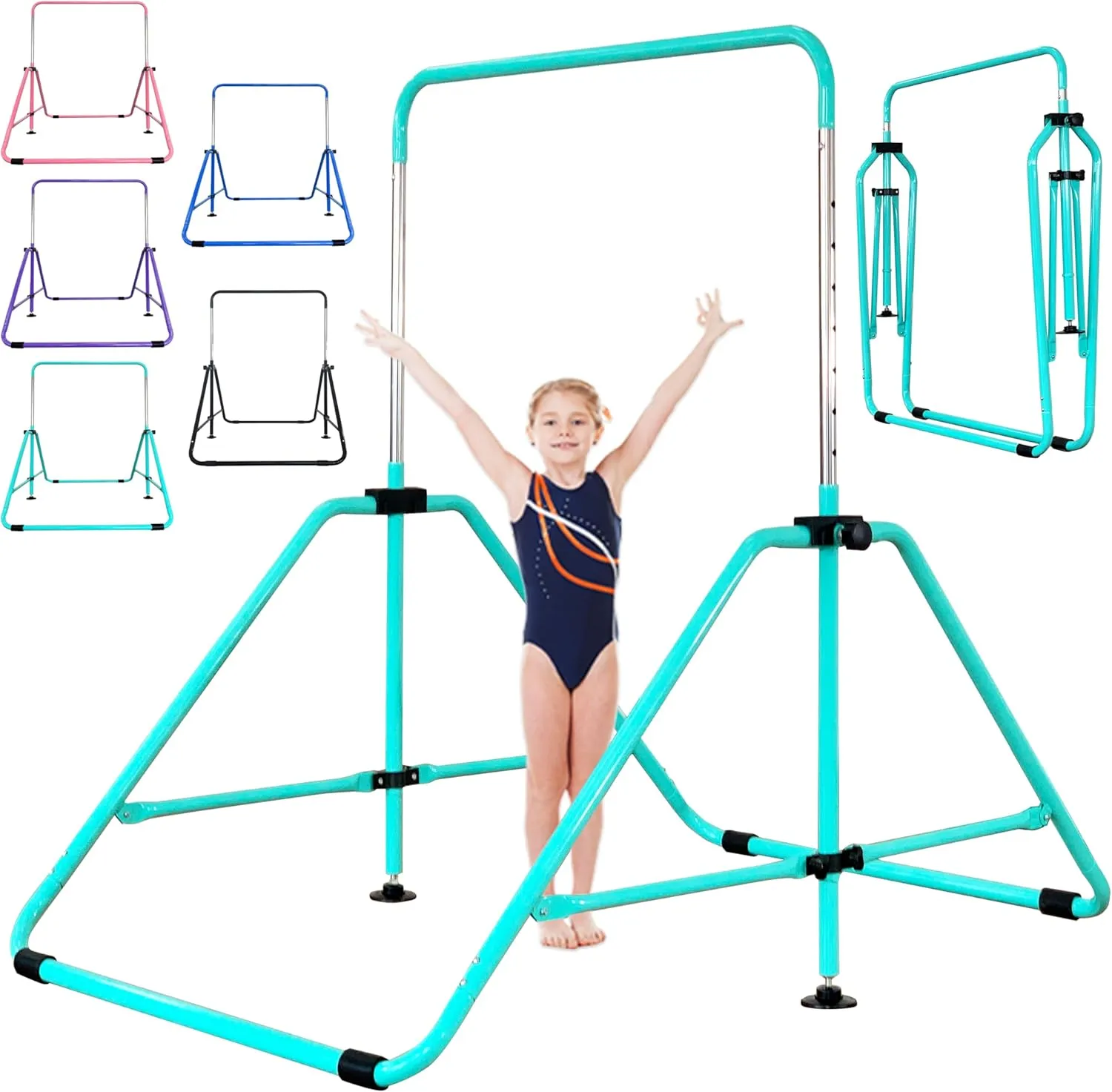 Foldable Gymnastic Bar for Kids Ages 3-9, 9 Height Levels, 200 lbs Weight Capacity, 5 Ft Length Gymnastic Kip Bar with Mat, Gymnastic Equipment for Home and Gym Center Indoor Outdoor Use