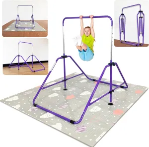 Foldable Gymnastic Bar for Kids Ages 3-9, 9 Height Levels, 200 lbs Weight Capacity, 5 Ft Length Gymnastic Kip Bar with Mat, Gymnastic Equipment for Home and Gym Center Indoor Outdoor Use