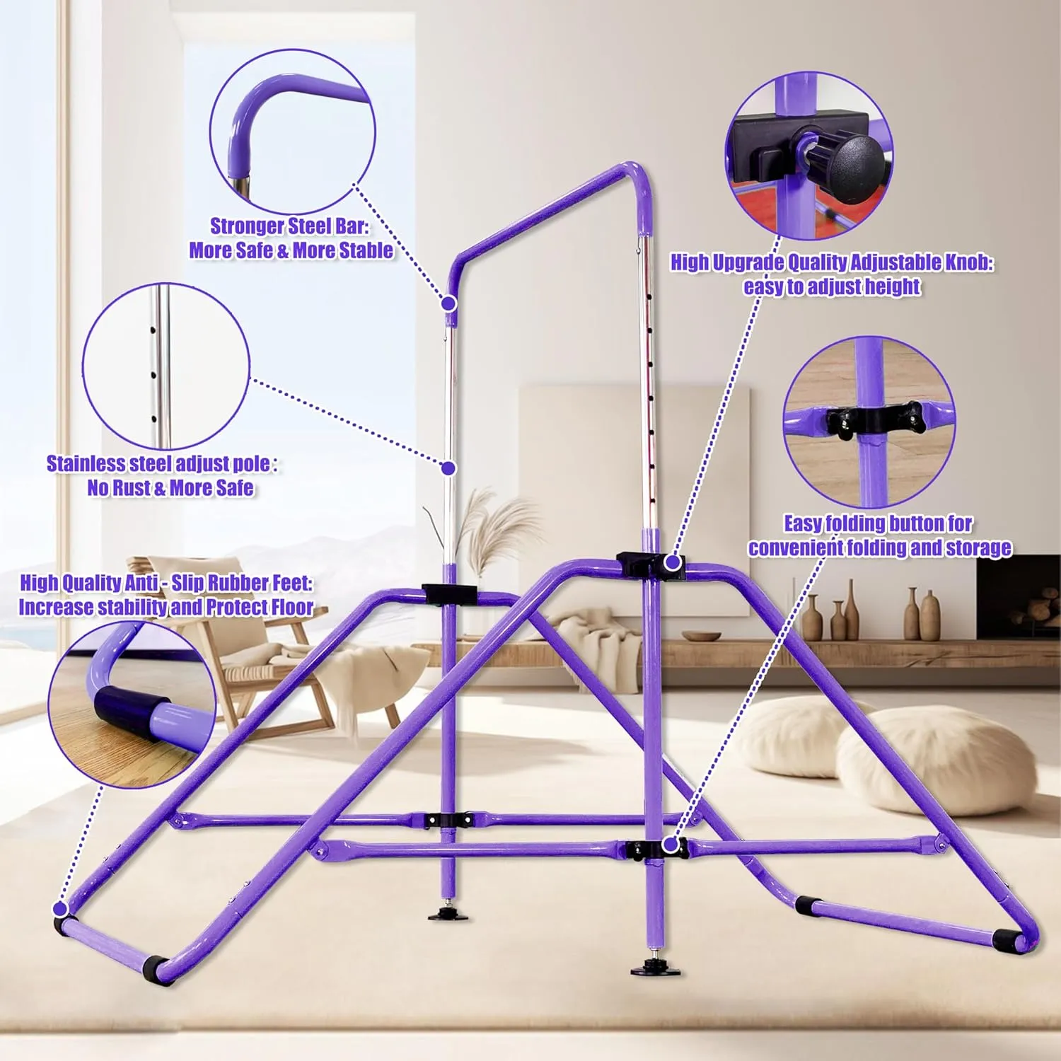 Foldable Gymnastic Bar for Kids Ages 3-9, 9 Height Levels, 200 lbs Weight Capacity, 5 Ft Length Gymnastic Kip Bar with Mat, Gymnastic Equipment for Home and Gym Center Indoor Outdoor Use