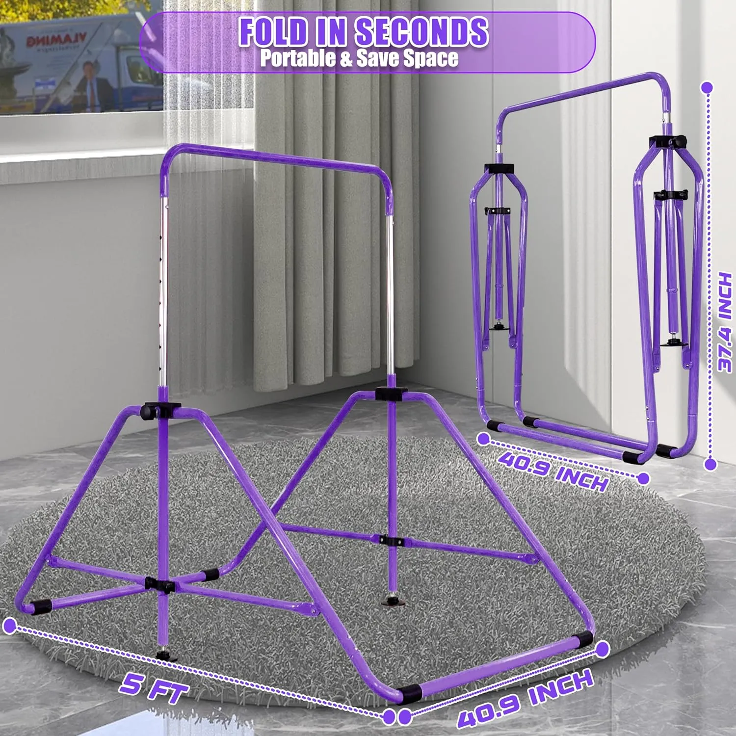 Foldable Gymnastic Bar for Kids Ages 3-9, 9 Height Levels, 200 lbs Weight Capacity, 5 Ft Length Gymnastic Kip Bar with Mat, Gymnastic Equipment for Home and Gym Center Indoor Outdoor Use