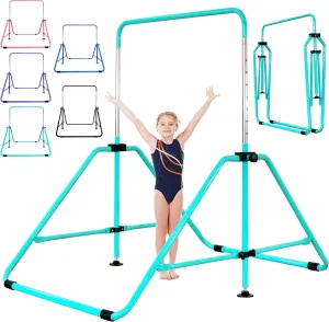 Foldable Gymnastic Bar for Kids Ages 3-9, 9 Height Levels, 200 lbs Weight Capacity, 5 Ft Length Gymnastic Kip Bar with Mat, Gymnastic Equipment for Home and Gym Center Indoor Outdoor Use