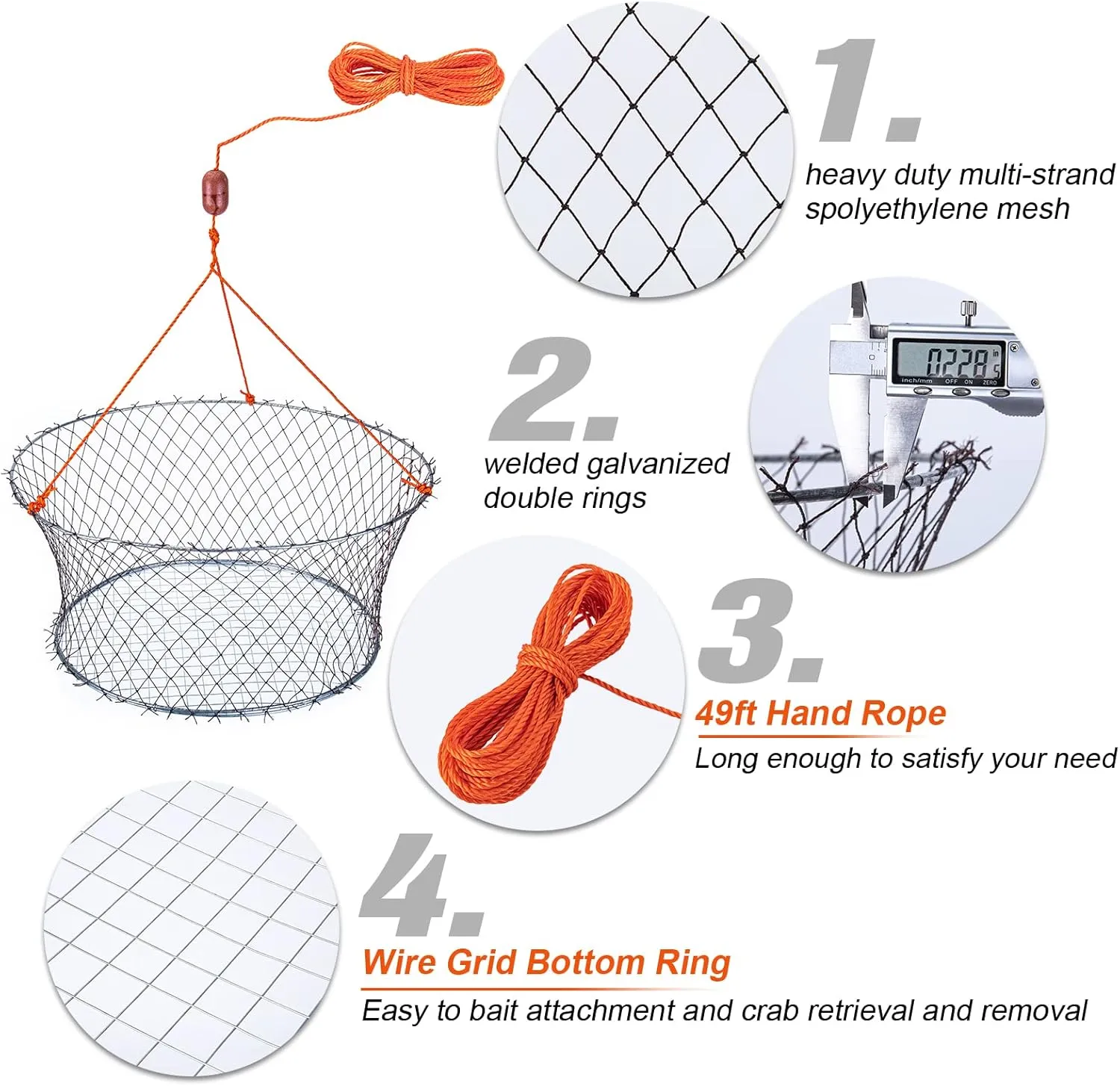 Foldable Hand Cast Fishing Nets for Crabbing & Crayfish, Portable Crab Cage with Crab Measure Tool, Bait Bag & Clip, Net Repair Shuttle