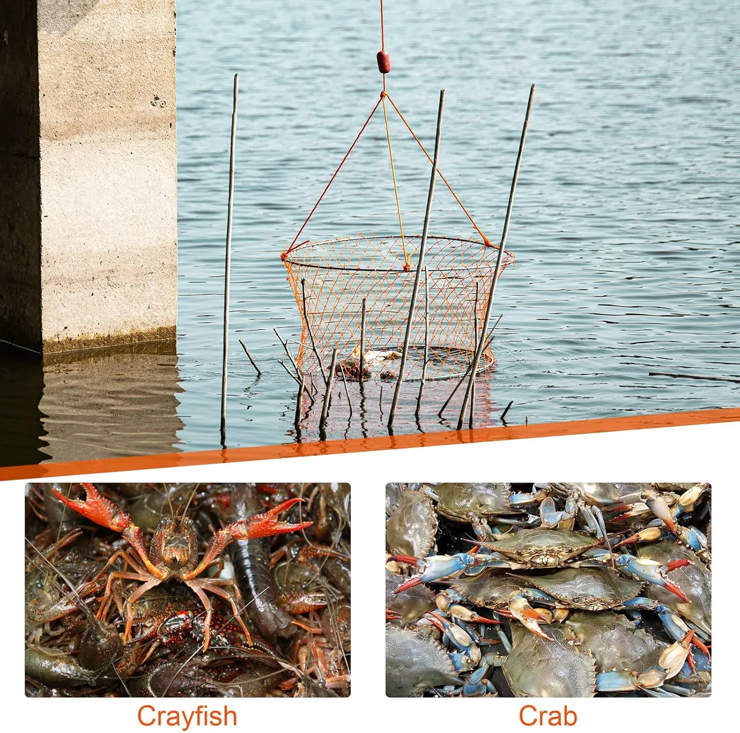 Foldable Hand Cast Fishing Nets for Crabbing & Crayfish, Portable Crab Cage with Crab Measure Tool, Bait Bag & Clip, Net Repair Shuttle