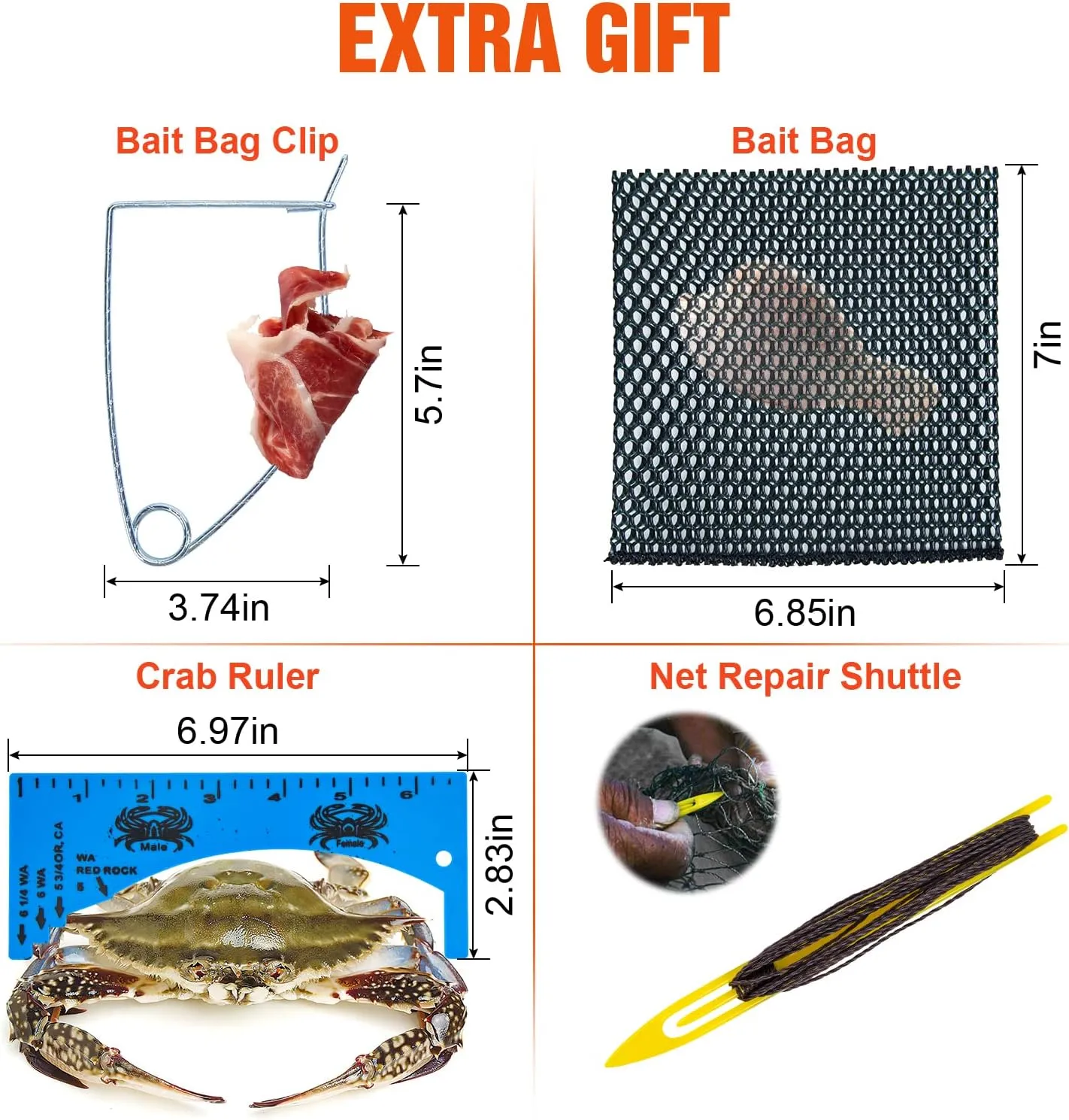 Foldable Hand Cast Fishing Nets for Crabbing & Crayfish, Portable Crab Cage with Crab Measure Tool, Bait Bag & Clip, Net Repair Shuttle