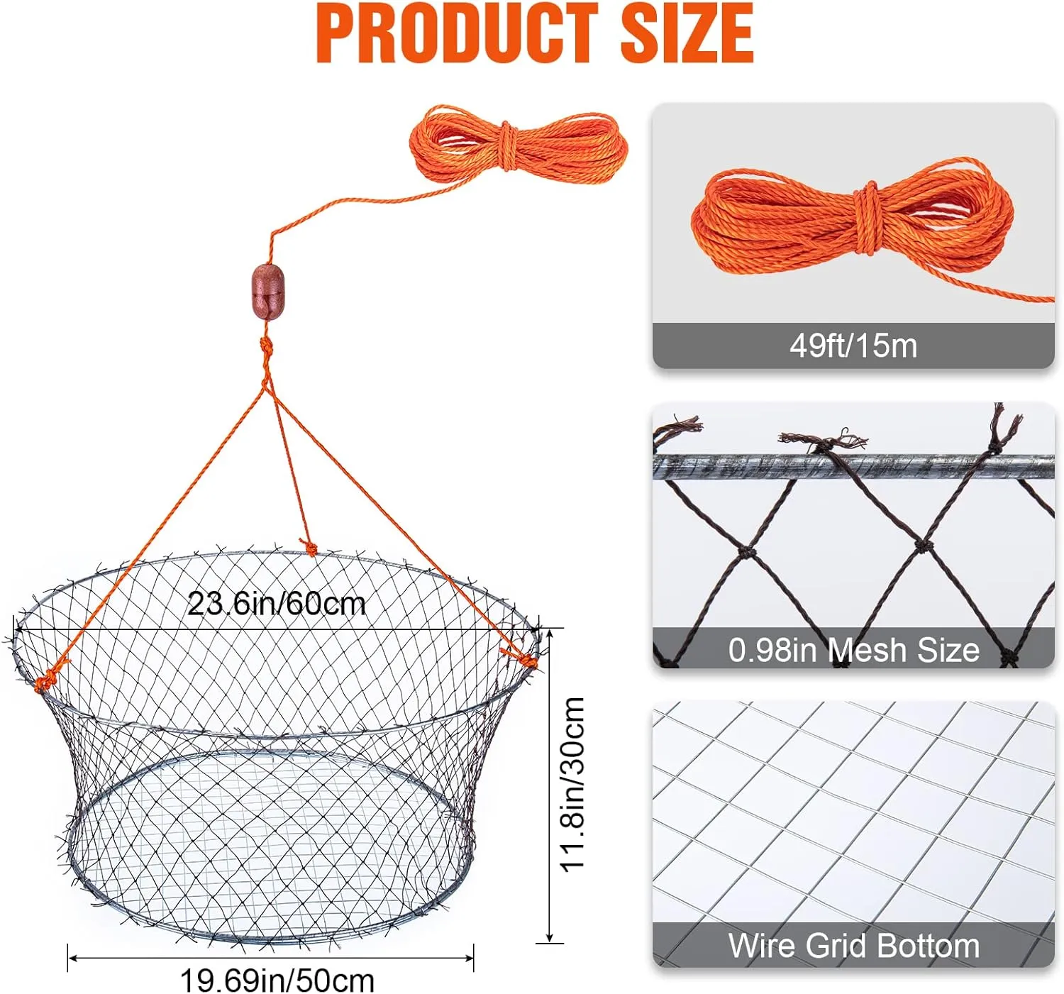 Foldable Hand Cast Fishing Nets for Crabbing & Crayfish, Portable Crab Cage with Crab Measure Tool, Bait Bag & Clip, Net Repair Shuttle