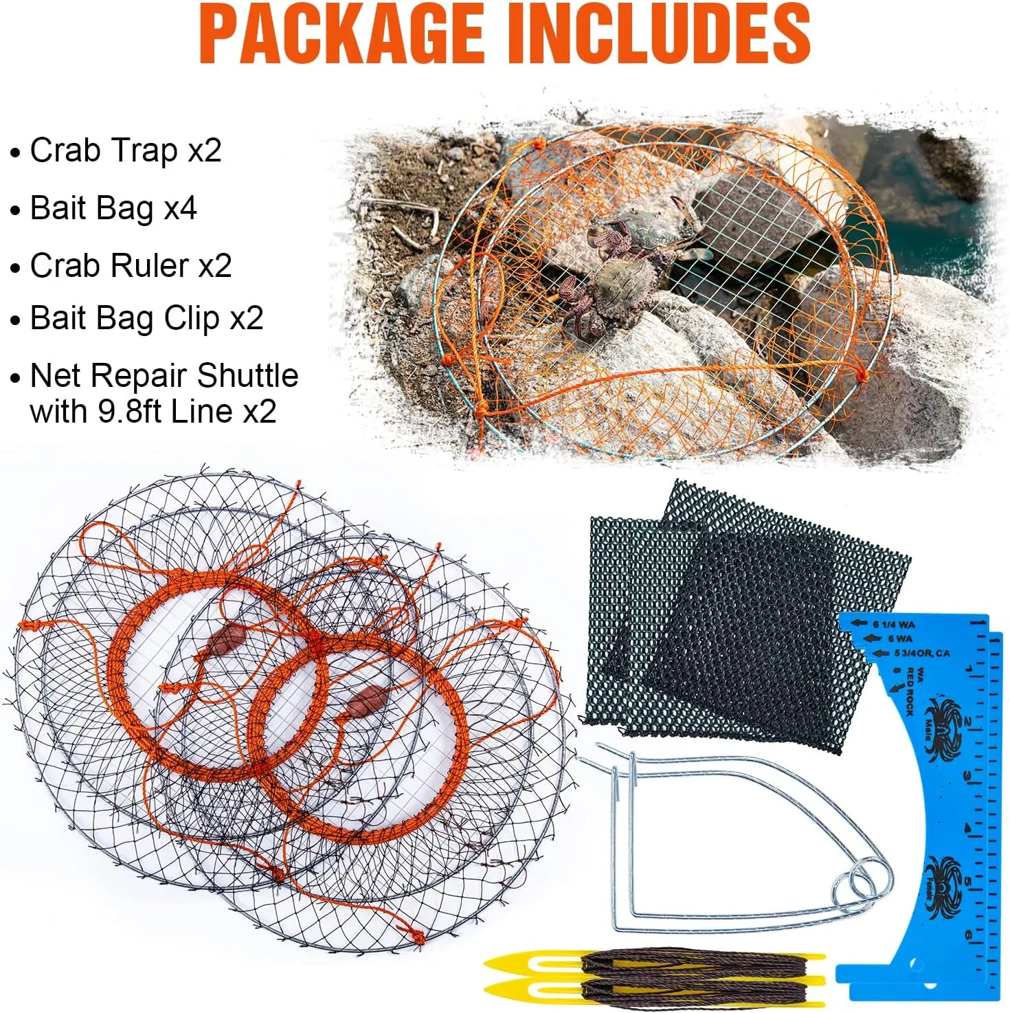 Foldable Hand Cast Fishing Nets for Crabbing & Crayfish, Portable Crab Cage with Crab Measure Tool, Bait Bag & Clip, Net Repair Shuttle