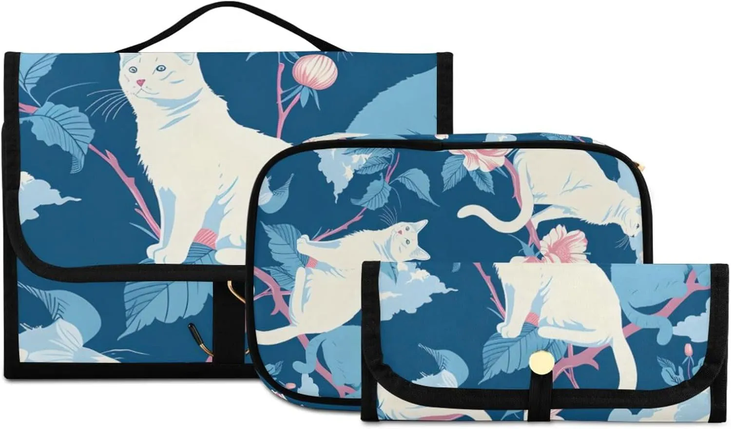 Foldable Hanging Travel Toiletry Organizer Set 3-Piece with Cosmetic Bag & Brush Holder - Cat (22)