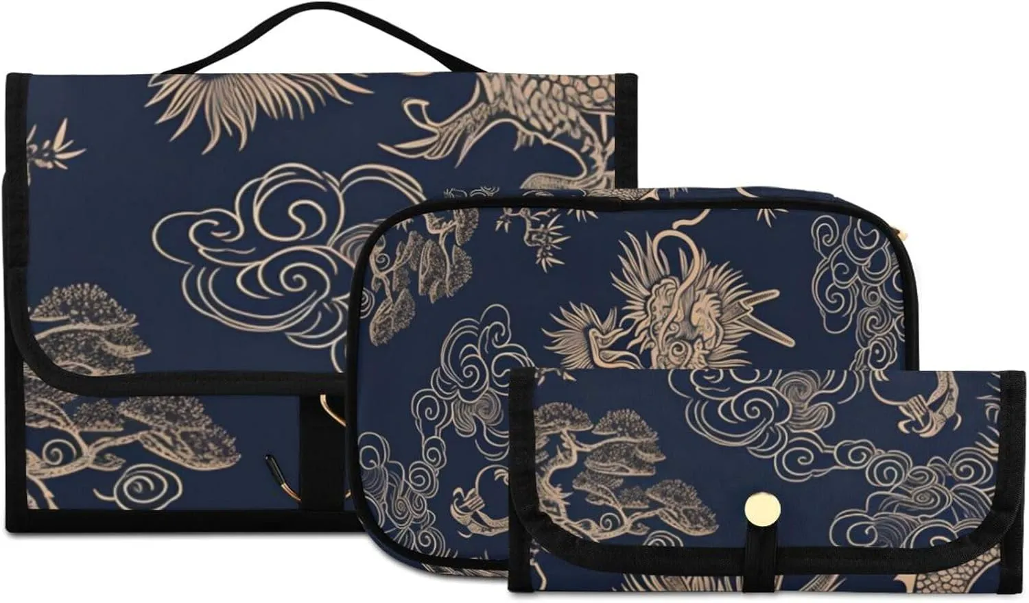 Foldable Hanging Travel Toiletry Organizer Set 3-Piece with Cosmetic Bag & Brush Holder - Chinese Dragon (3)
