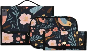 Foldable Hanging Travel Toiletry Organizer Set 3-Piece with Cosmetic Bag & Brush Holder - Chinese Painting Bird (4)