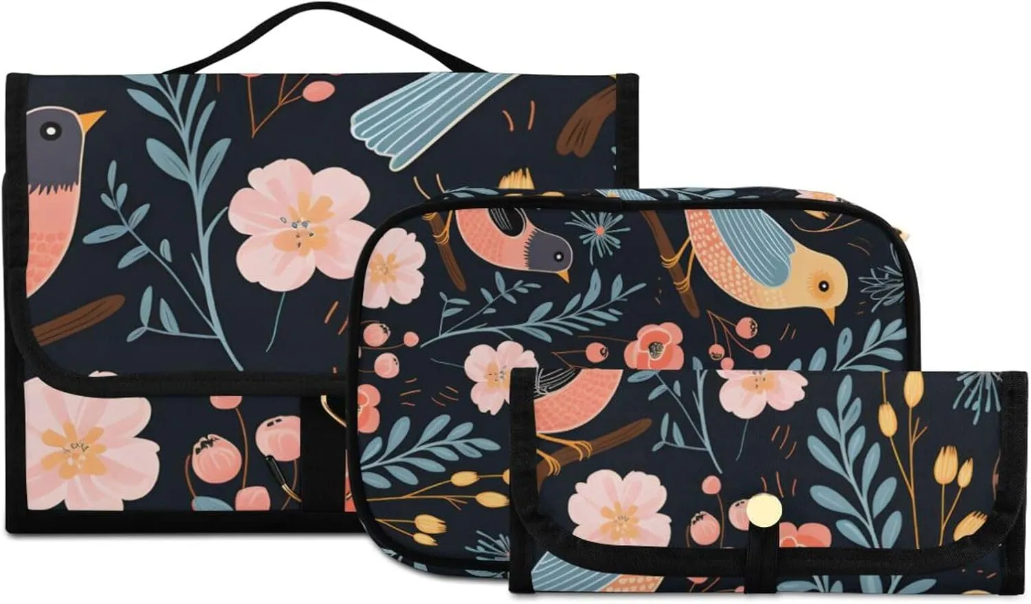 Foldable Hanging Travel Toiletry Organizer Set 3-Piece with Cosmetic Bag & Brush Holder - Chinese Painting Bird (4)