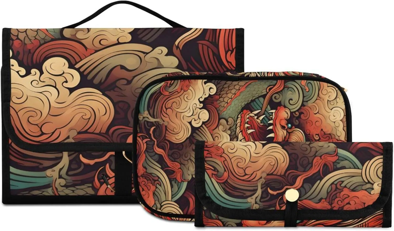 Foldable Hanging Travel Toiletry Organizer Set 3-Piece with Cosmetic Bag & Brush Holder - Cute Chinese Dragon (2)