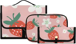 Foldable Hanging Travel Toiletry Organizer Set 3-Piece with Cosmetic Bag & Brush Holder - Cute Strawberry (5)