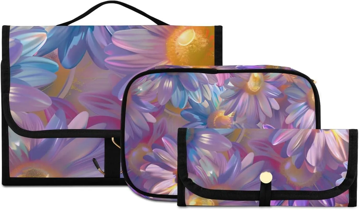 Foldable Hanging Travel Toiletry Organizer Set 3-Piece with Cosmetic Bag & Brush Holder - Daisy (3)
