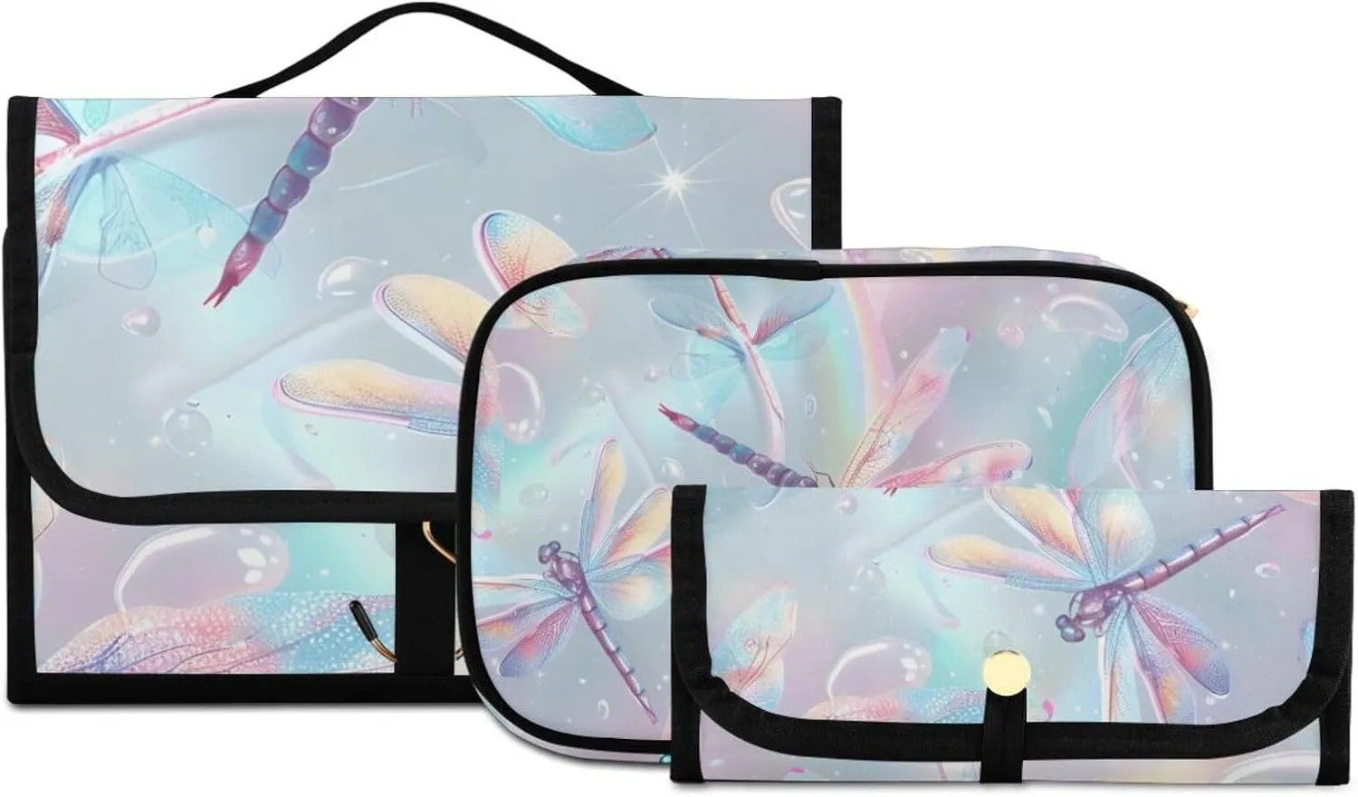 Foldable Hanging Travel Toiletry Organizer Set 3-Piece with Cosmetic Bag & Brush Holder - Dragonfly (5)