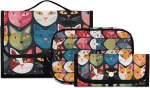 Foldable Hanging Travel Toiletry Organizer Set 3-Piece with Cosmetic Bag & Brush Holder - Flower Cat (2)