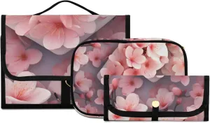 Foldable Hanging Travel Toiletry Organizer Set 3-Piece with Cosmetic Bag & Brush Holder - Love Peach Blossom