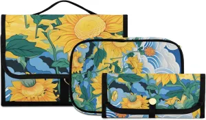 Foldable Hanging Travel Toiletry Organizer Set 3-Piece with Cosmetic Bag & Brush Holder - Sunflower (35)