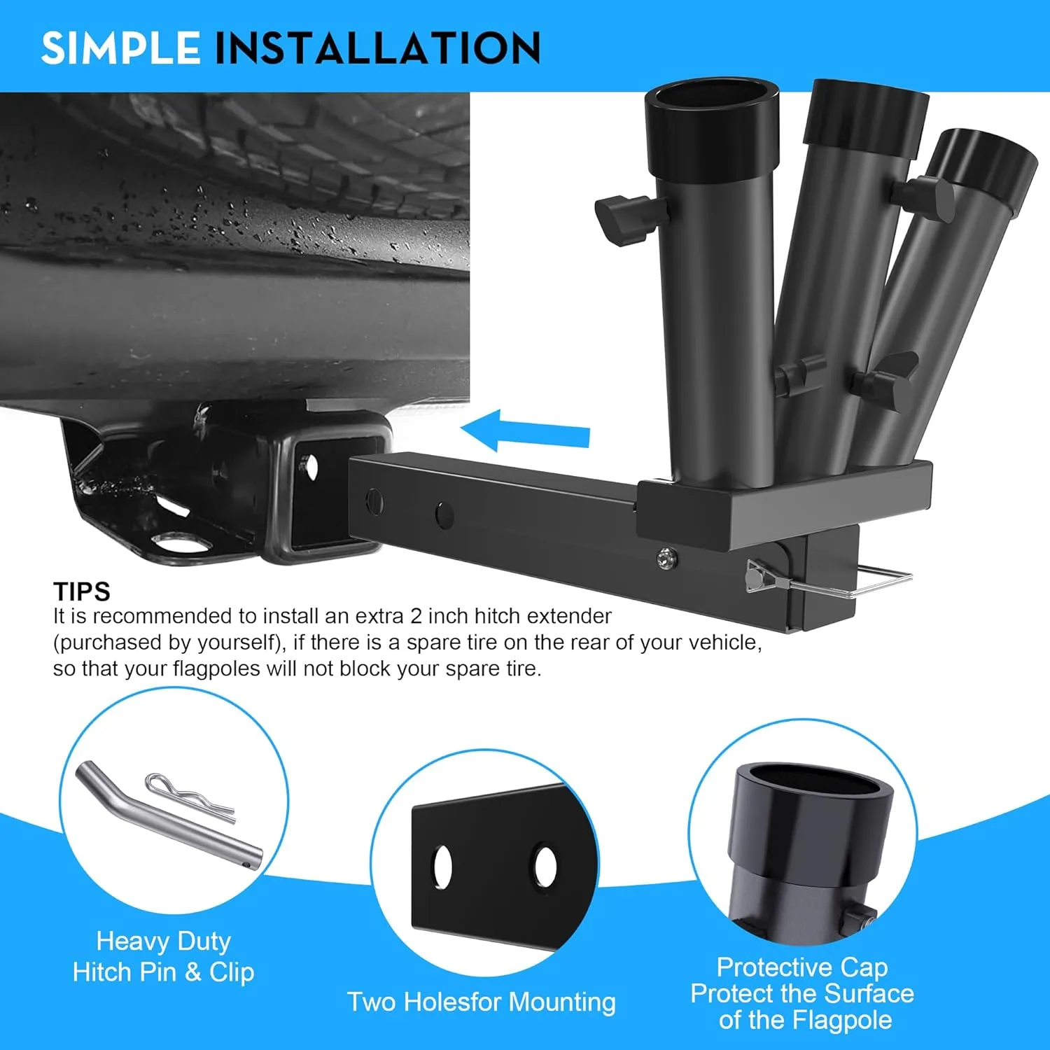 Foldable Triple Hitch Mount Flagpole Holder | All Metal Heavy- Duty, Fits Standard 2" Trailer Hitch, Compatible with Jeep, Truck, SUV, RV, Pickup, Camper Trailer (Triple Flagpoles)