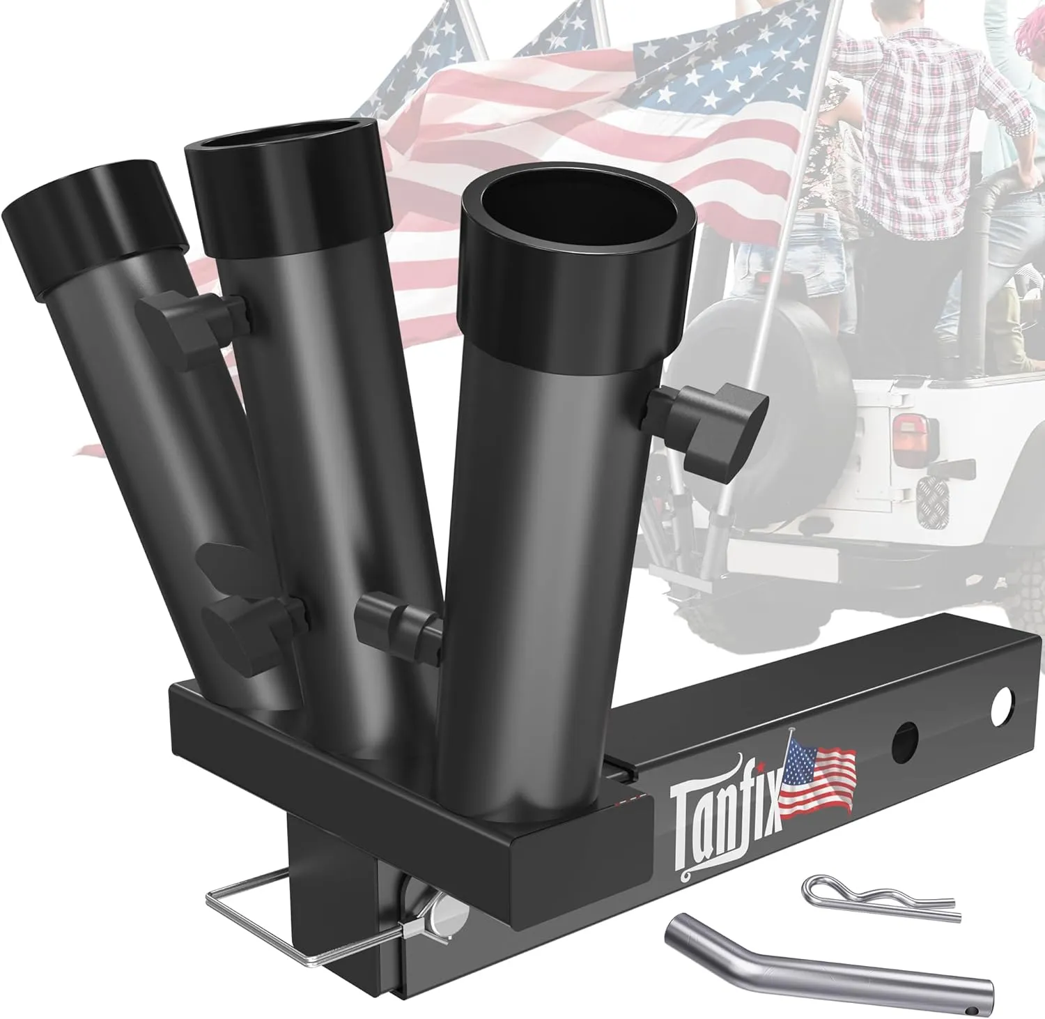 Foldable Triple Hitch Mount Flagpole Holder | All Metal Heavy- Duty, Fits Standard 2" Trailer Hitch, Compatible with Jeep, Truck, SUV, RV, Pickup, Camper Trailer (Triple Flagpoles)