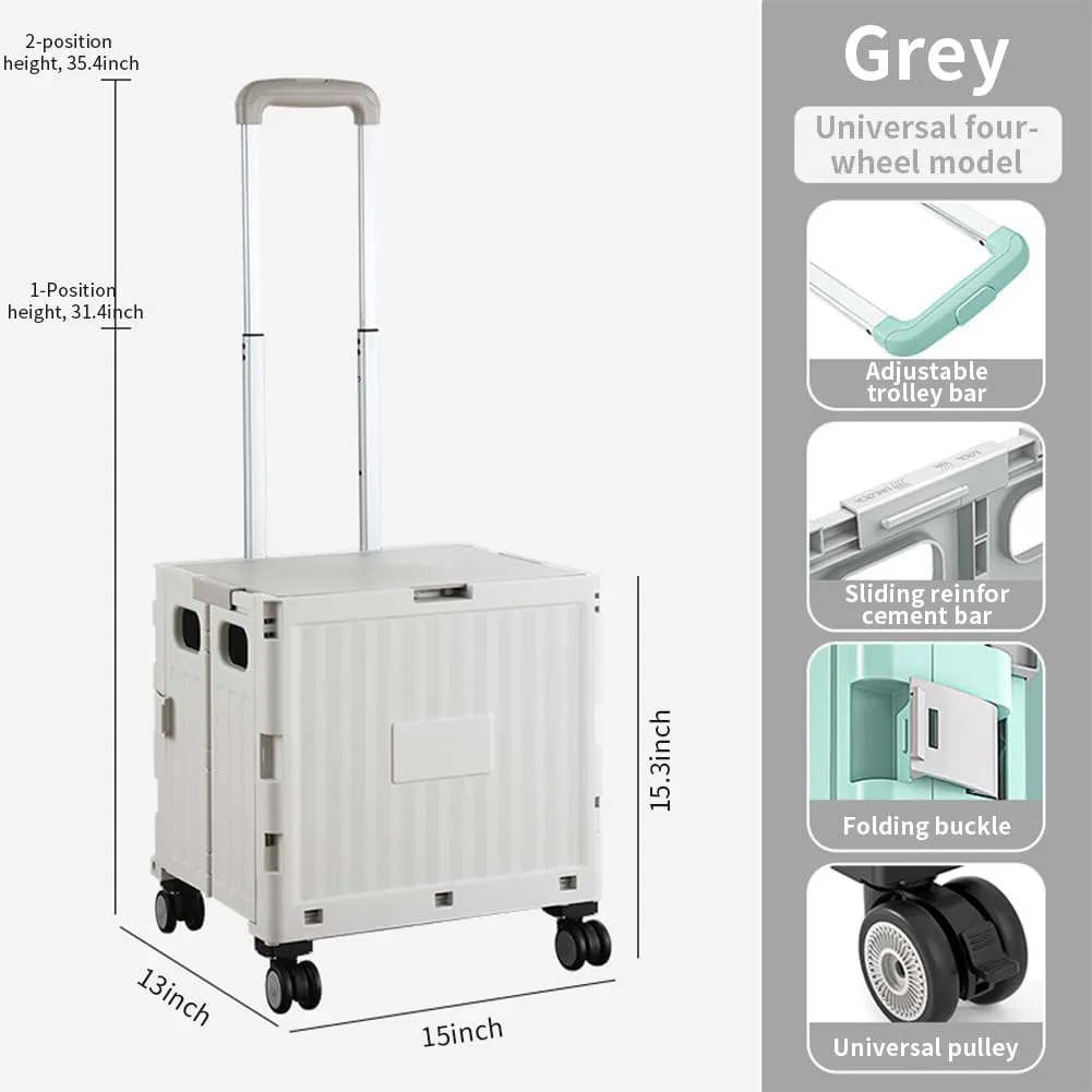 Foldable Utility Cart Collapsible Rolling Carts with Lid Portable Rolling Crate Handcart Shopping Trolley with Telescopic Handle 4 Wheels for Picnic Camping Moving Luggage Use