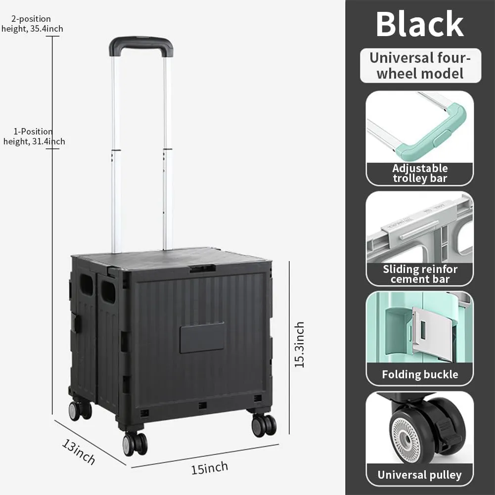 Foldable Utility Cart Collapsible Rolling Carts with Lid Portable Rolling Crate Handcart Shopping Trolley with Telescopic Handle 4 Wheels for Picnic Camping Moving Luggage Use