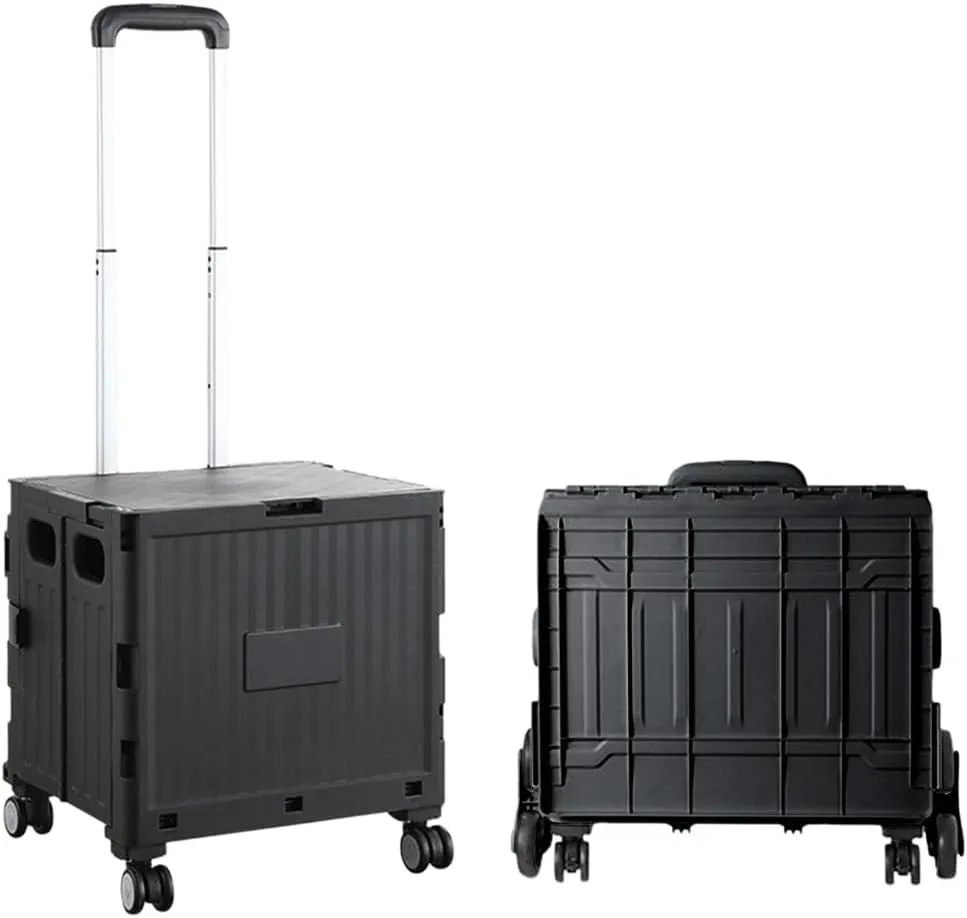 Foldable Utility Cart Collapsible Rolling Carts with Lid Portable Rolling Crate Handcart Shopping Trolley with Telescopic Handle 4 Wheels for Picnic Camping Moving Luggage Use