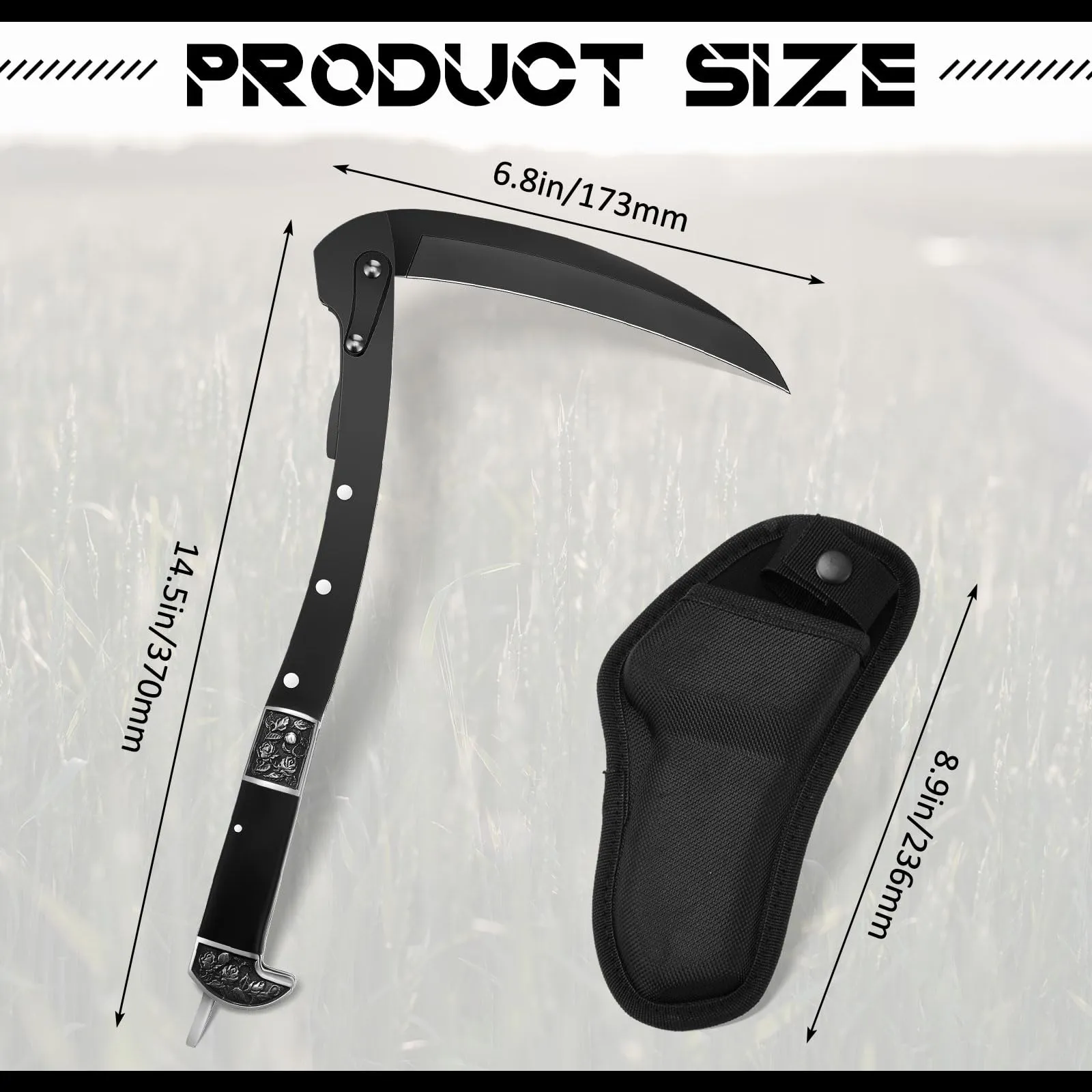 FOLDING Minimalist In-demand product PORTABLE SHEATHED SICKLE SHARP BLACK