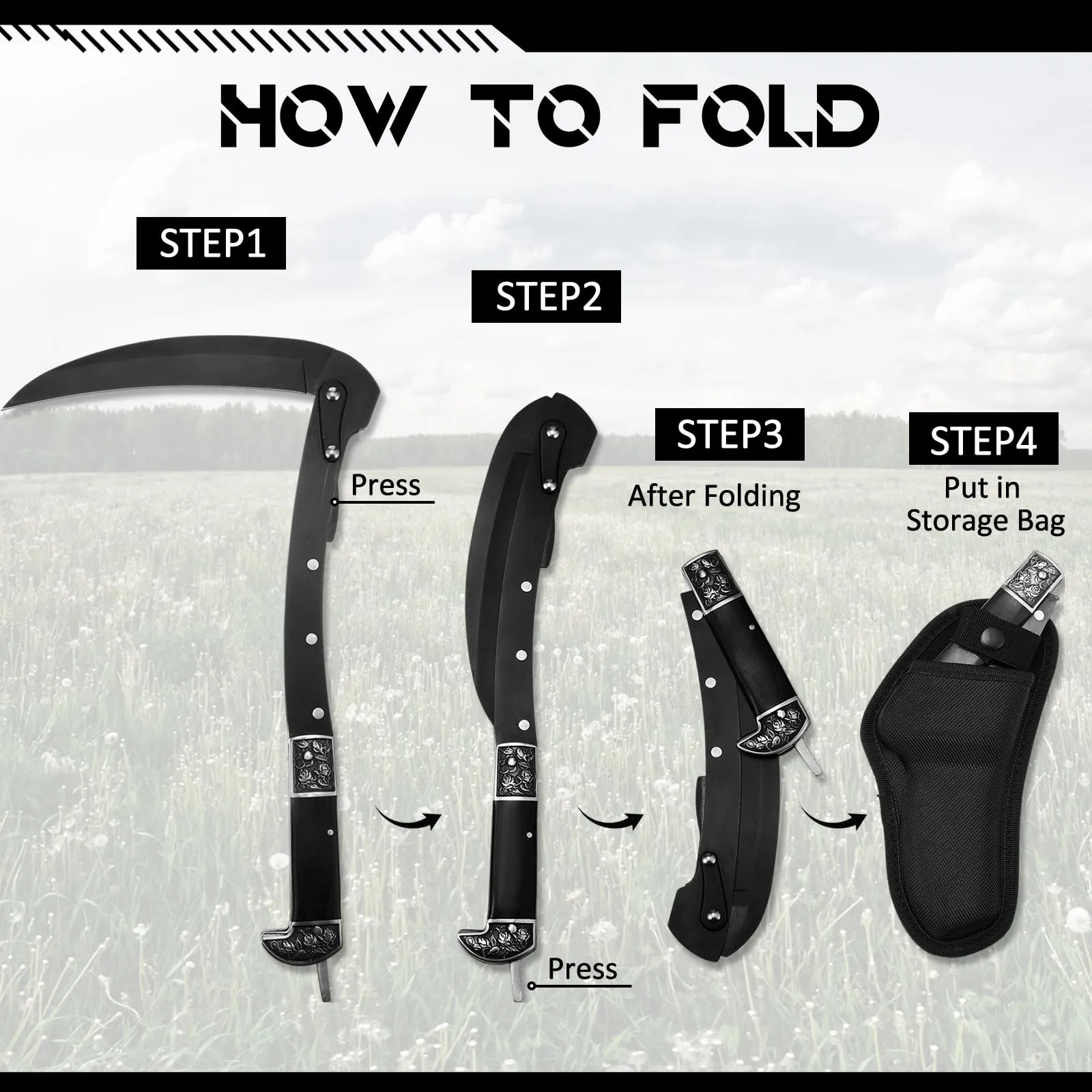 FOLDING Minimalist In-demand product PORTABLE SHEATHED SICKLE SHARP BLACK