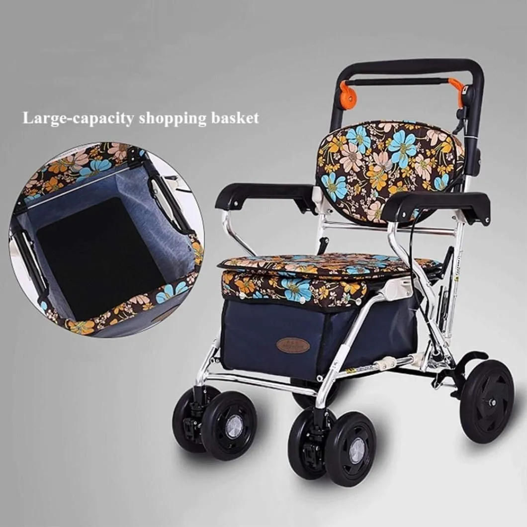 Folding Shopping Cart, Shopping Cart Four-Wheeled Walker Shopping Cart Foldable Portable Walker Height-Adjustable Grocery Utility Carts, 95*42cm