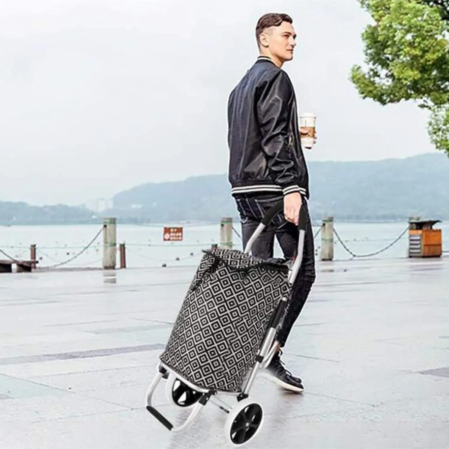 Folding Shopping Cart, Shopping Trolley Foldable Shopping Cart Solid with Bag Multifunctional Luggage Cart with Wheel Grocery Utility Carts(Blue)