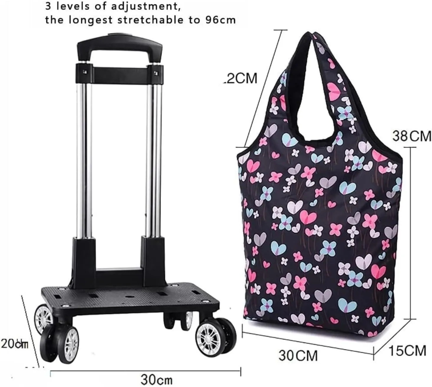 Folding Shopping Cart, Trolley Foldable Aluminum Alloy Shopping Cart Bag Detachable Heavy Duty 4 Wheels Trolley Bag Portable 2-in-1 Grocery Utility Carts(Pink)