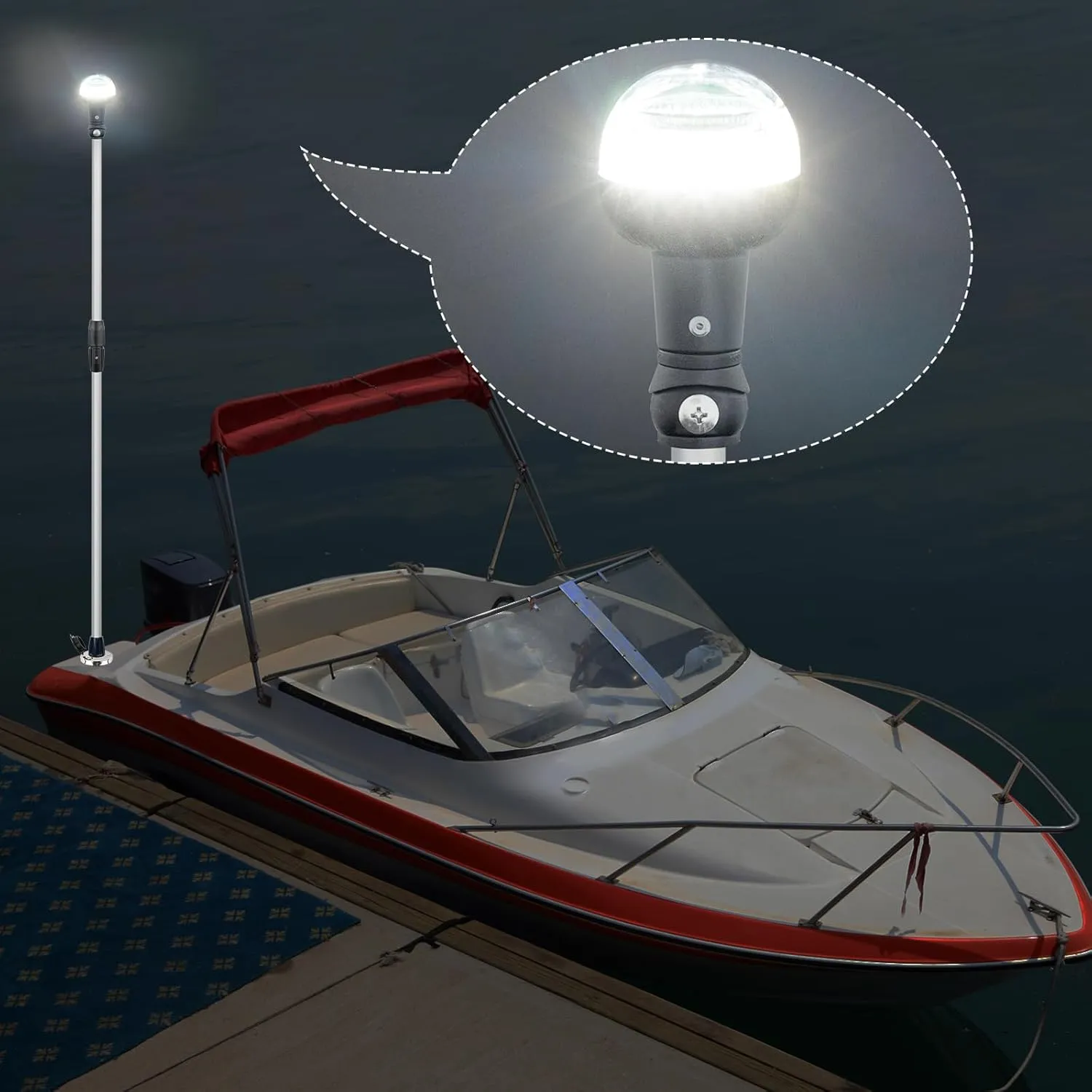 Folding Stern Light Boat Anchor Light LED Marine Navigation Lights Pole USCG 2 NM All Round White with Base 12 Volts 54 Inches
